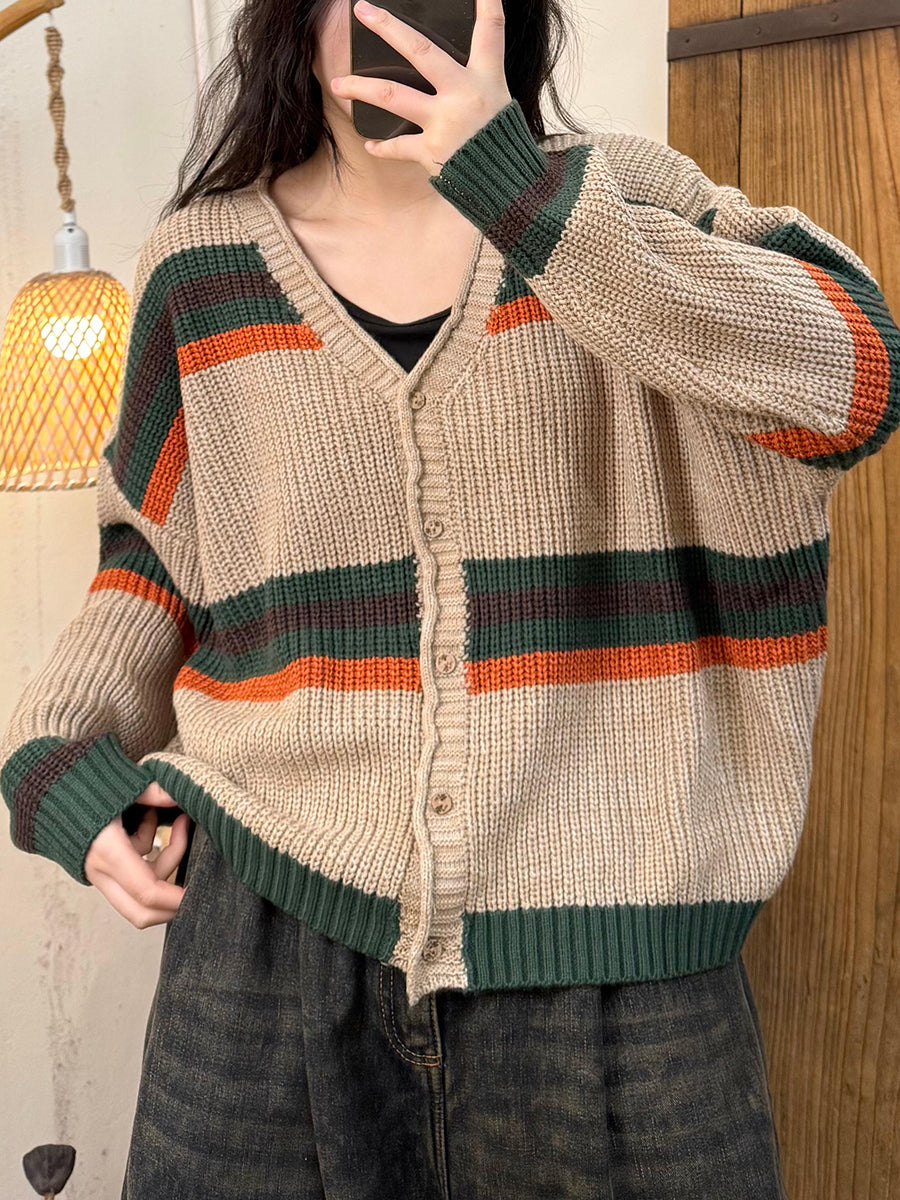 Women Autumn Artsy Colorblock V-Neck Knit Sweater