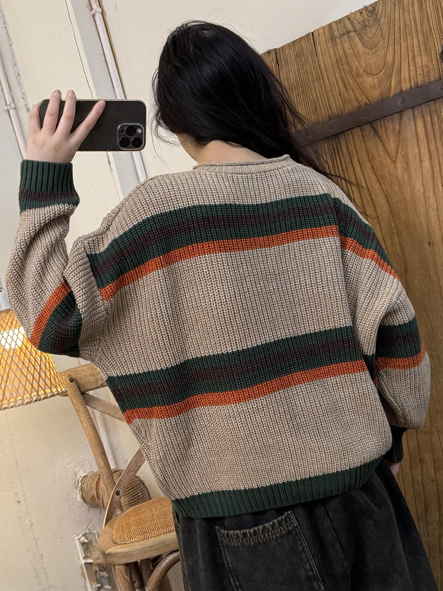 Women Autumn Artsy Colorblock V-Neck Knit Sweater