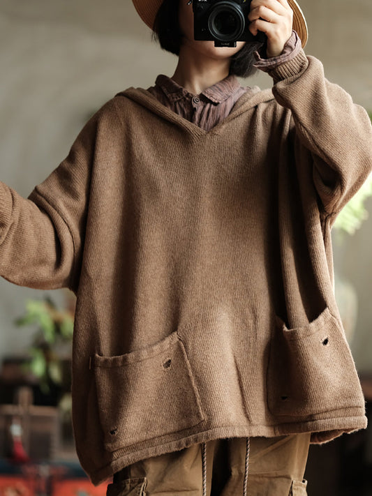 Women Winter Pure Color Wool Hooded Knit Sweatshirt