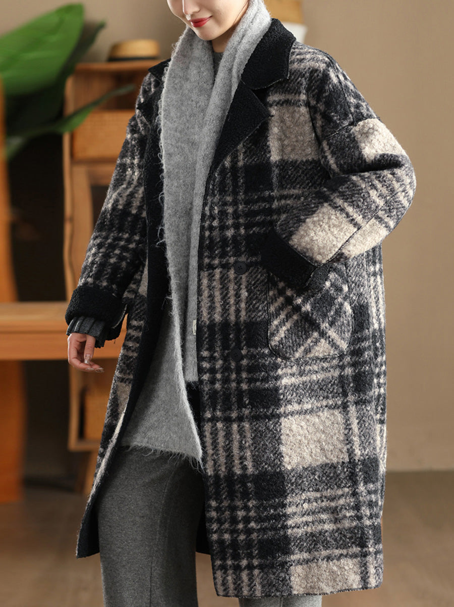 Women Autumn Vintage Plaid Fleece Coat