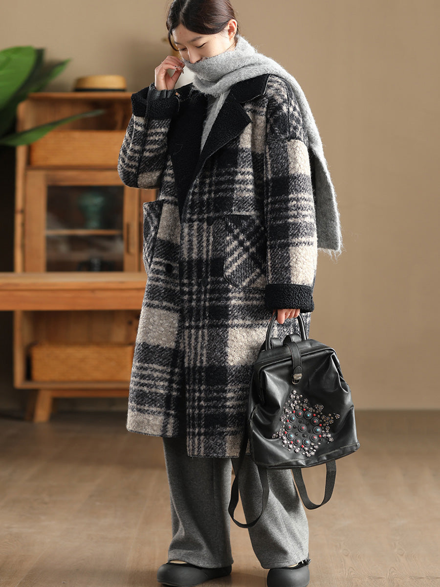 Women Autumn Vintage Plaid Fleece Coat