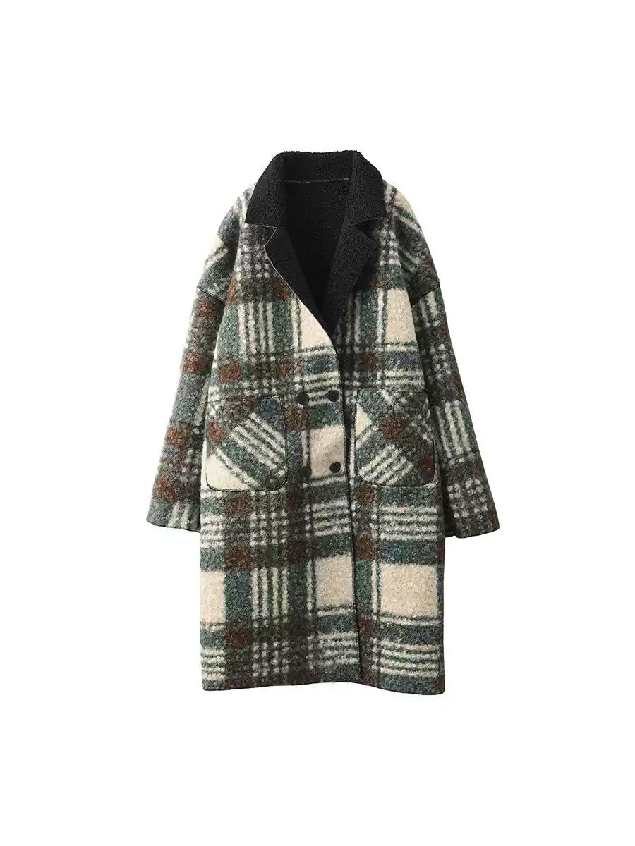 Women Autumn Vintage Plaid Fleece Coat