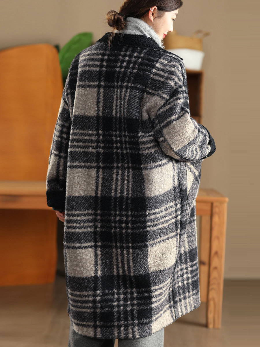 Women Autumn Vintage Plaid Fleece Coat