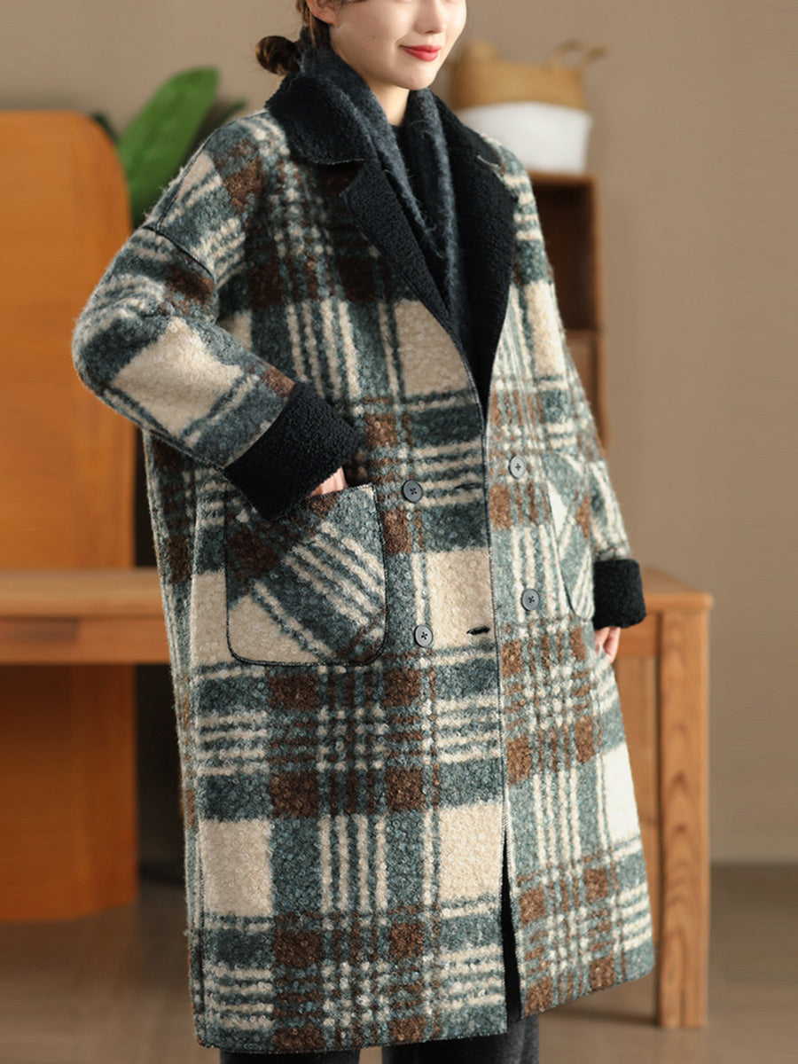 Women Autumn Vintage Plaid Fleece Coat