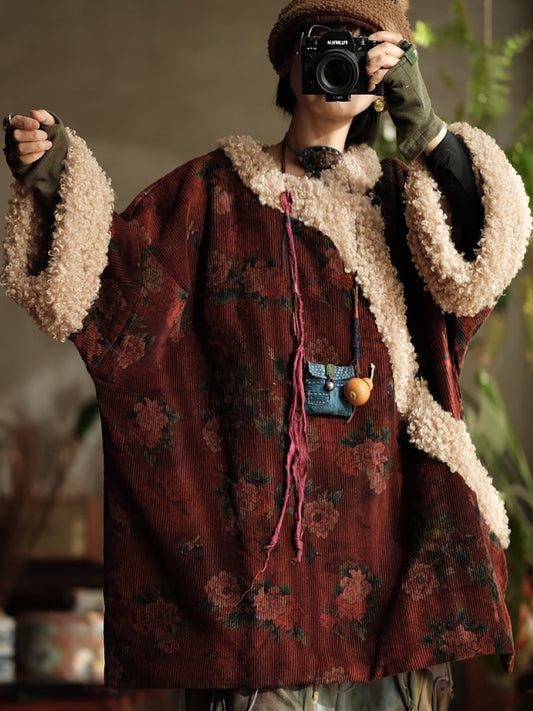 Women Ethnic Flower Fleece Spliced Corduroy Padded Coat