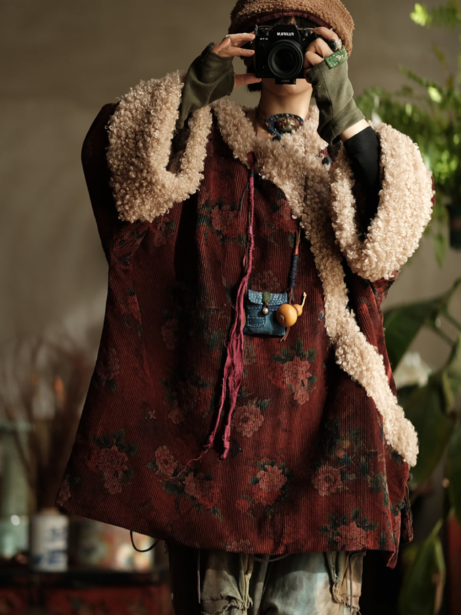 Women Ethnic Flower Fleece Spliced Corduroy Padded Coat