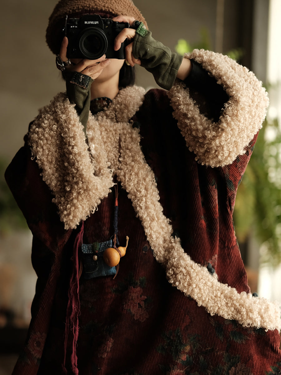 Women Ethnic Flower Fleece Spliced Corduroy Padded Coat