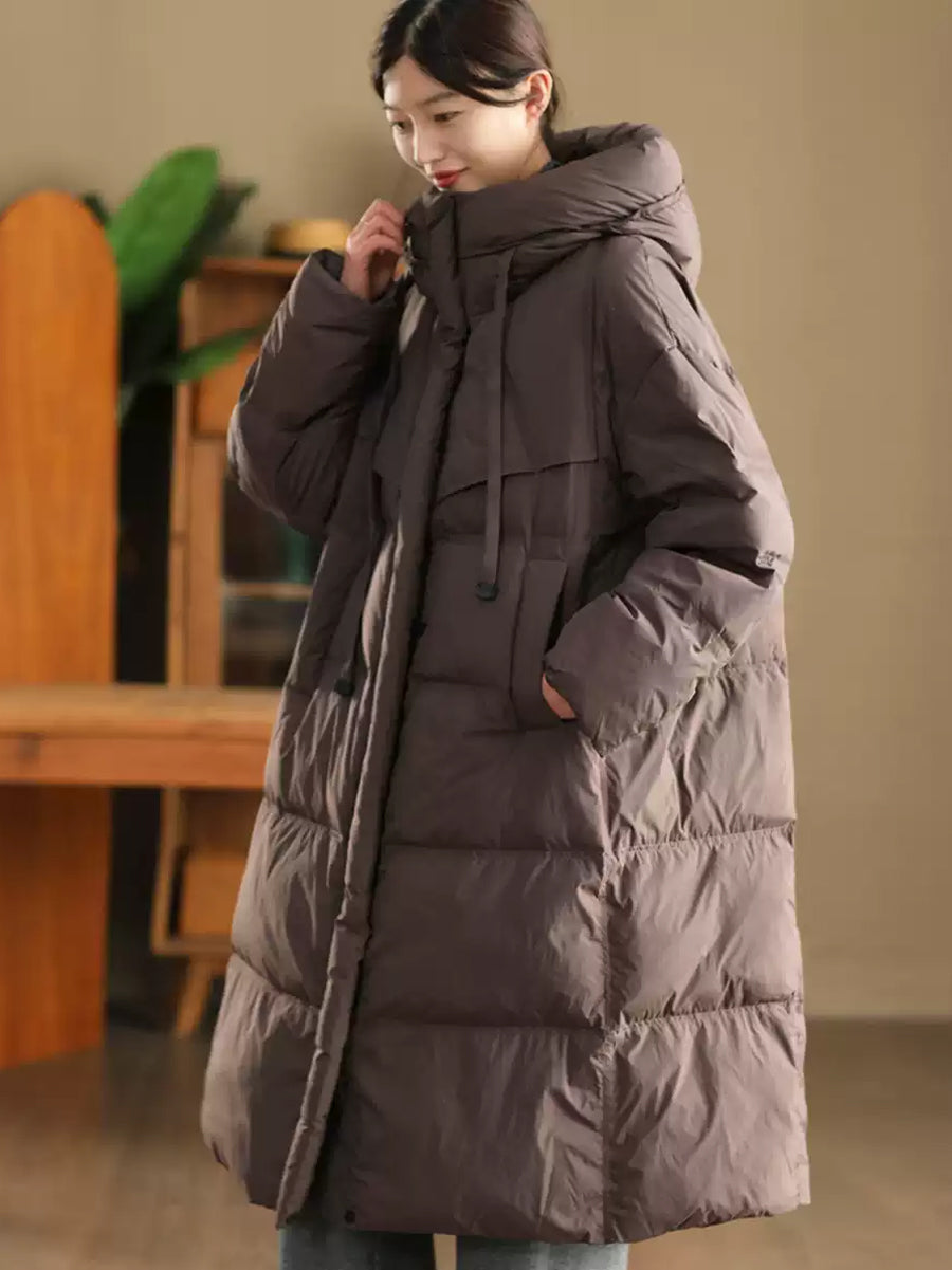 Women Winter Casual Solid Hooded Long Down Coat