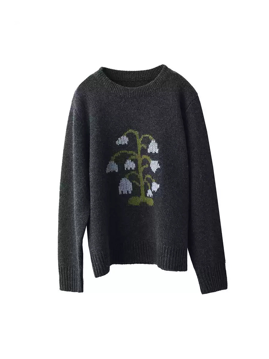 Women Autumn Artsy Flower Knit O-Neck Sweater