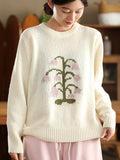 Women Autumn Artsy Flower Knit O-Neck Sweater