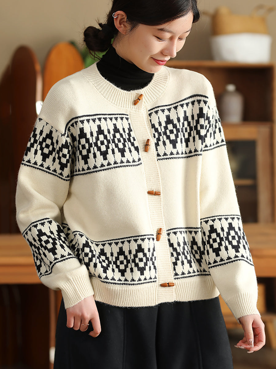 Women Autumn Artsy O-Neck Jacquard Sweater