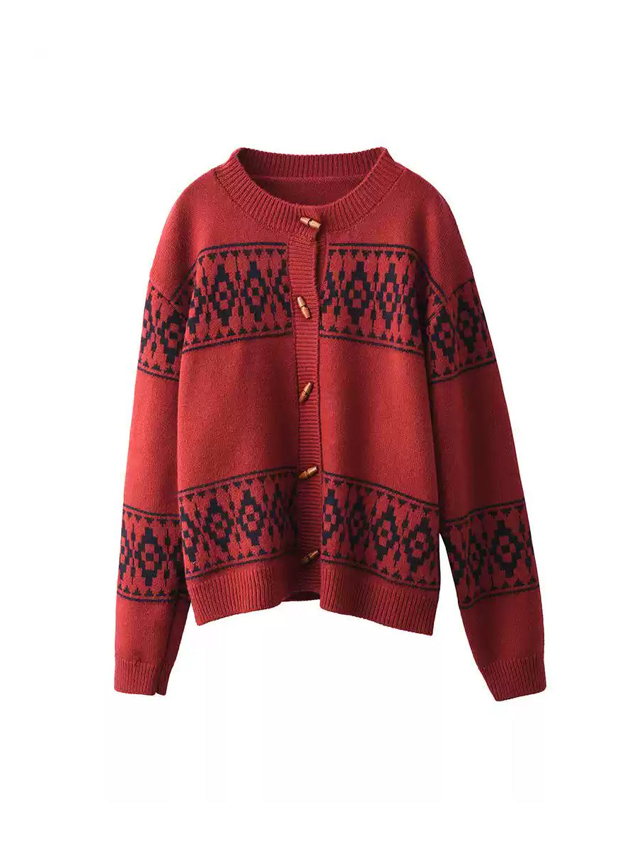 Women Autumn Artsy O-Neck Jacquard Sweater