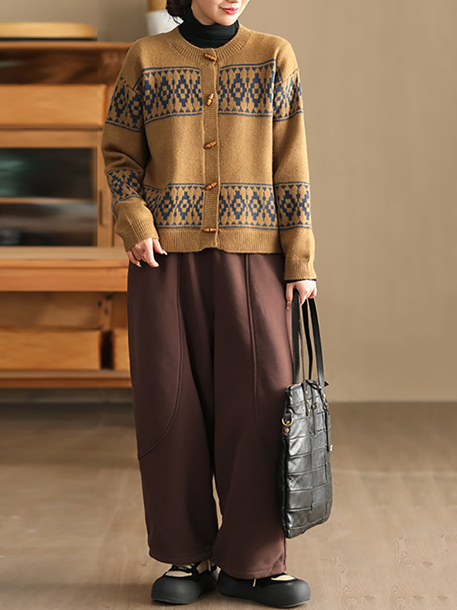 Women Autumn Artsy O-Neck Jacquard Sweater