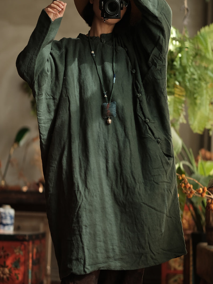 Women Vintage Autumn Solid Linen Robe Coat