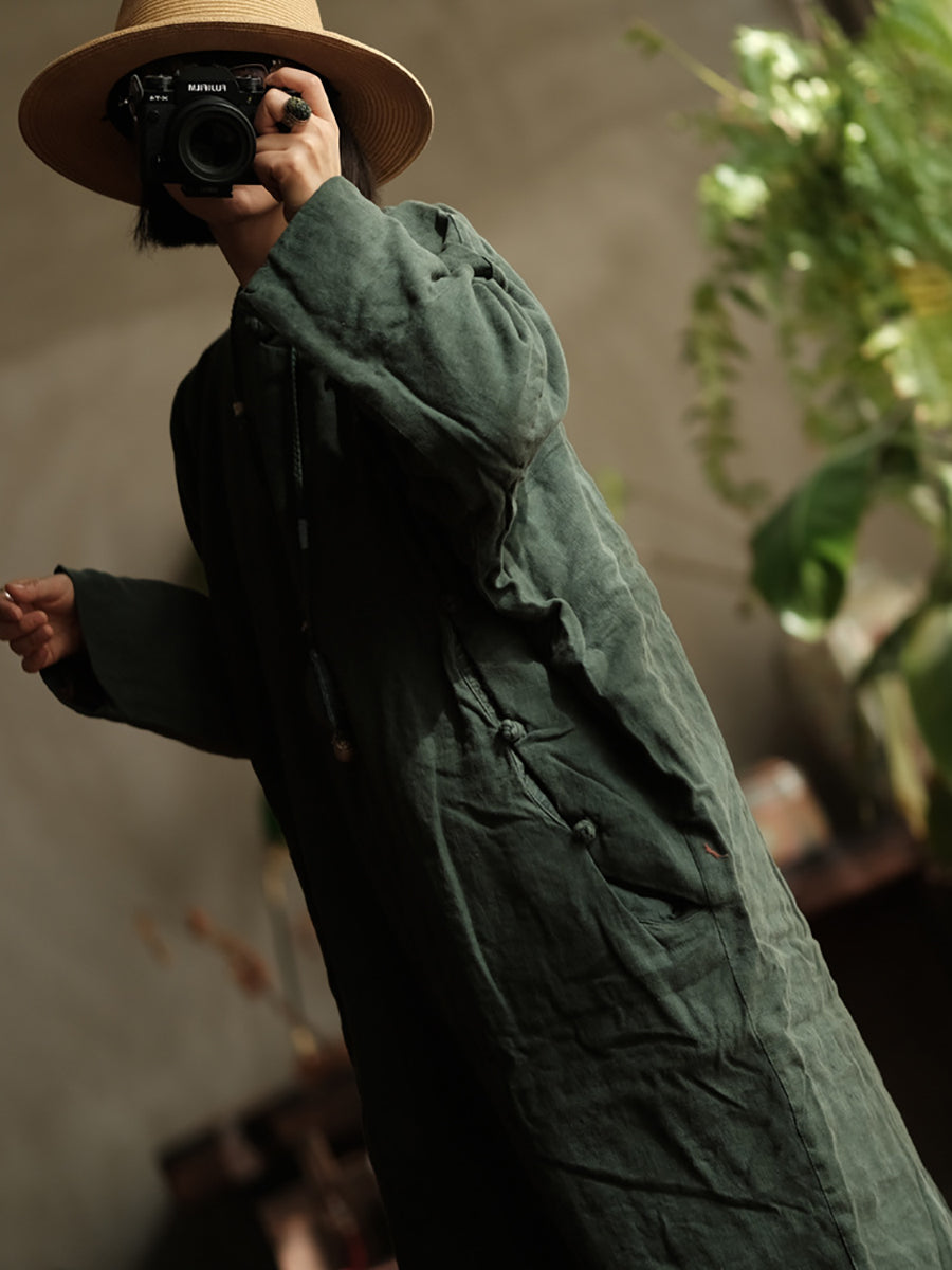 Women Vintage Autumn Solid Linen Robe Coat