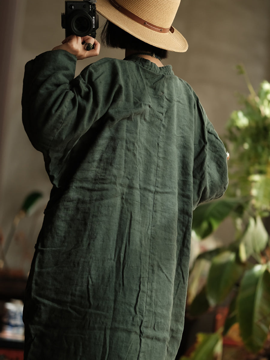 Women Vintage Autumn Solid Linen Robe Coat