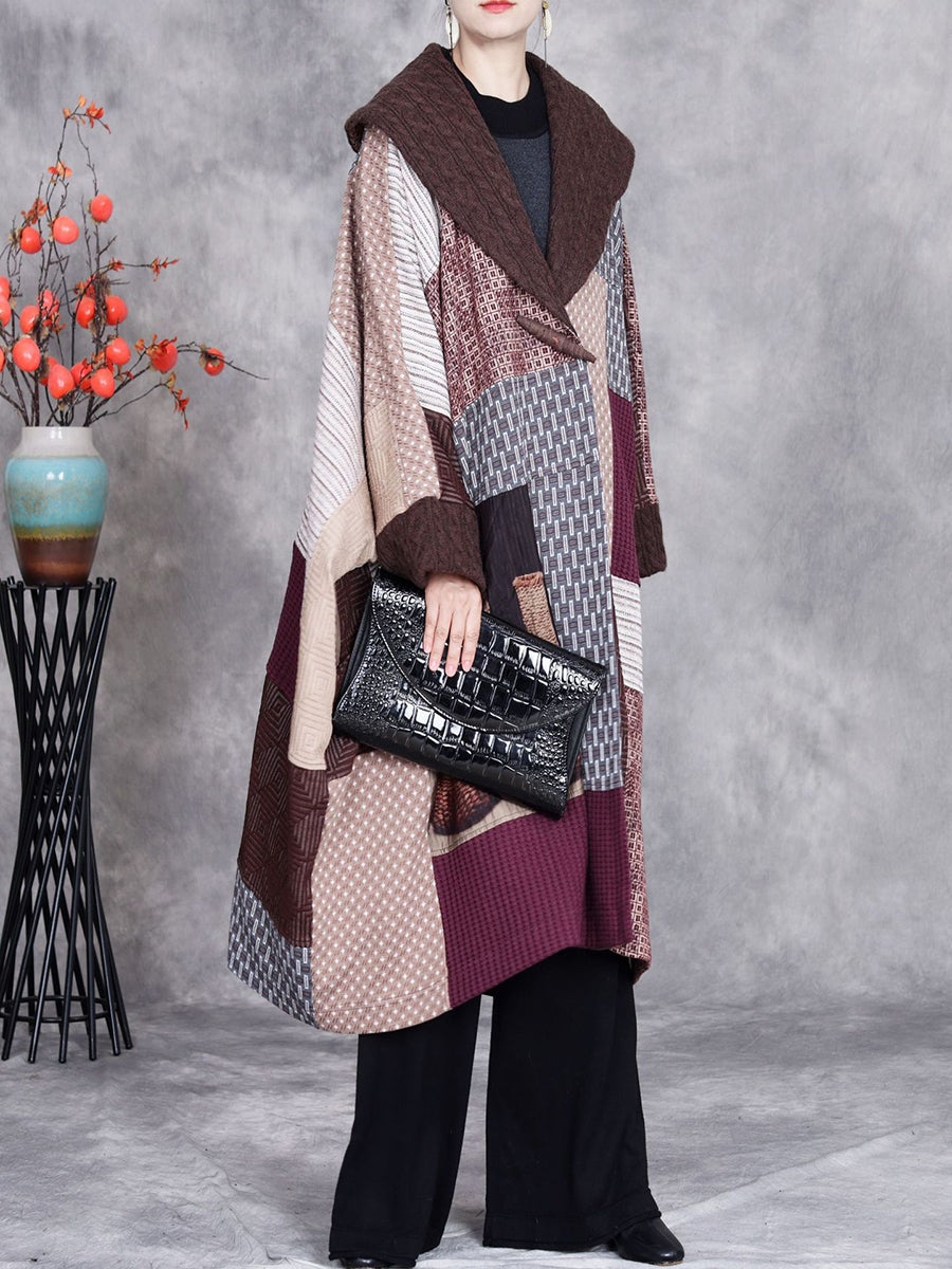 Women Vintage Patchwork Turn-down Collar Coat