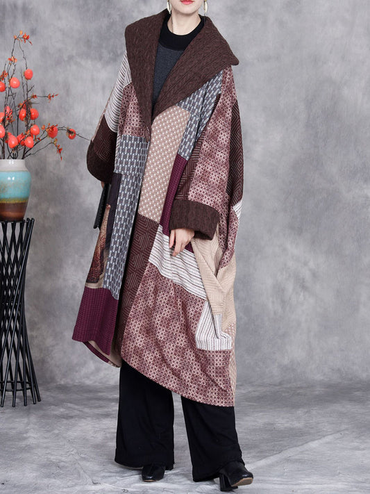 Women Vintage Patchwork Turn-down Collar Coat