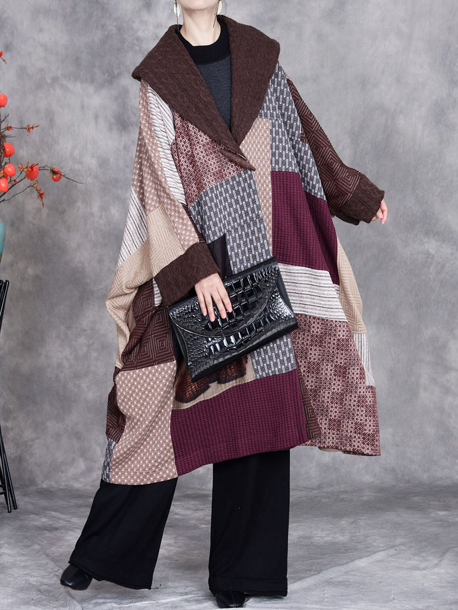 Women Vintage Patchwork Turn-down Collar Coat