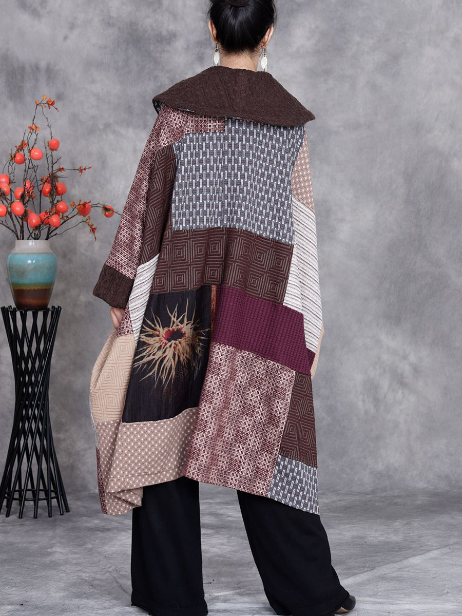 Women Vintage Patchwork Turn-down Collar Coat