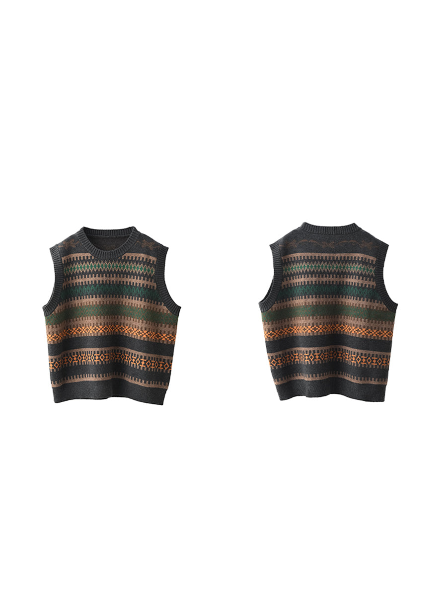 Women Vintage Winter O-Neck Stripe Knit Vest