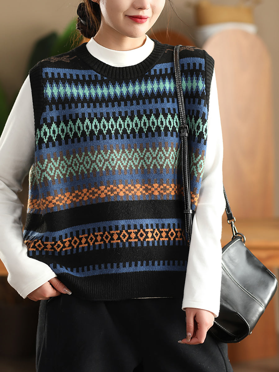 Women Vintage Winter O-Neck Stripe Knit Vest