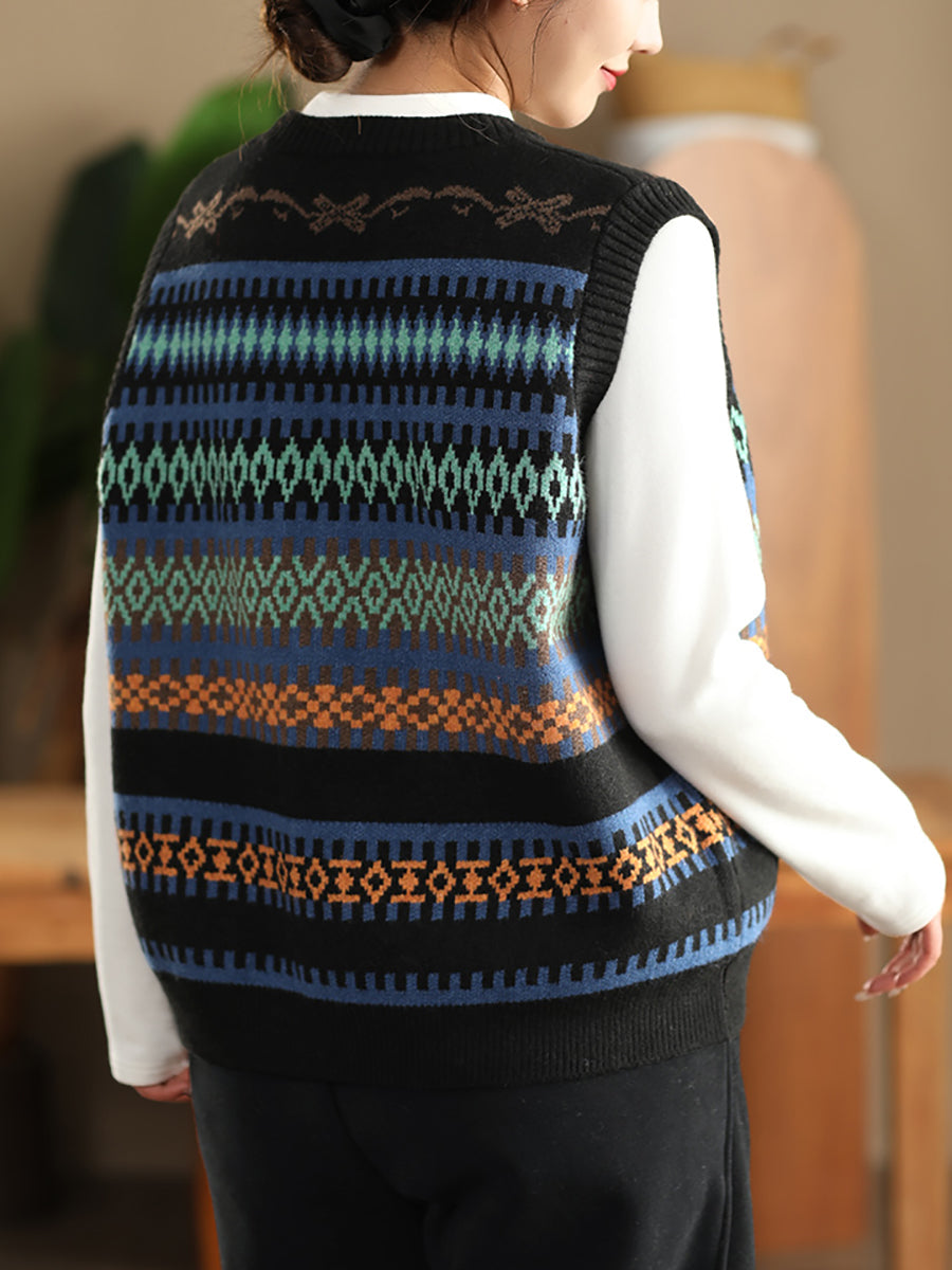 Women Vintage Winter O-Neck Stripe Knit Vest