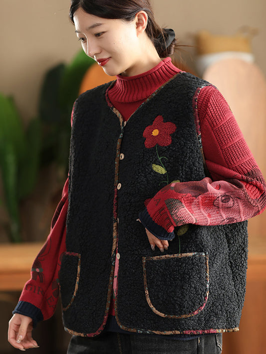 Women Winter Flower O-Neck Fleece Vest