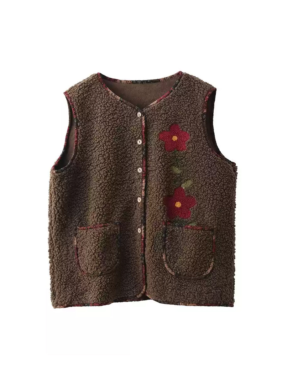 Women Winter Flower O-Neck Fleece Vest