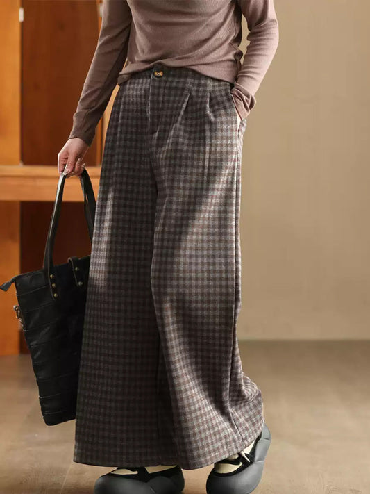 Women Winter Plaid Wide-leg Fleece Pants