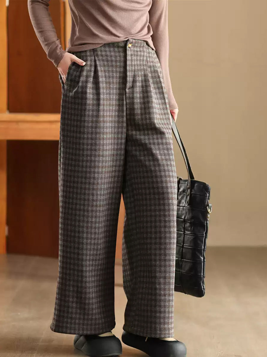 Women Winter Plaid Wide-leg Fleece Pants