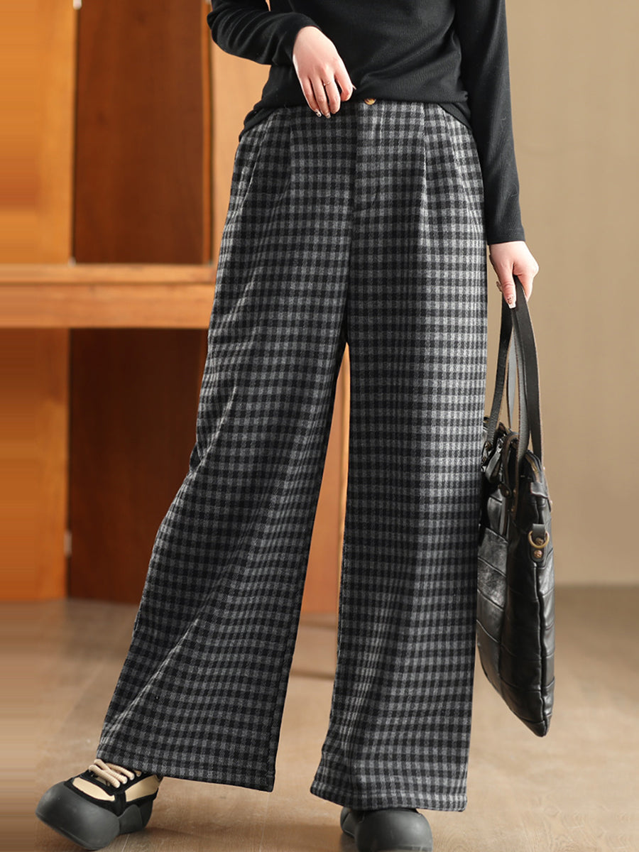 Women Winter Plaid Wide-leg Fleece Pants