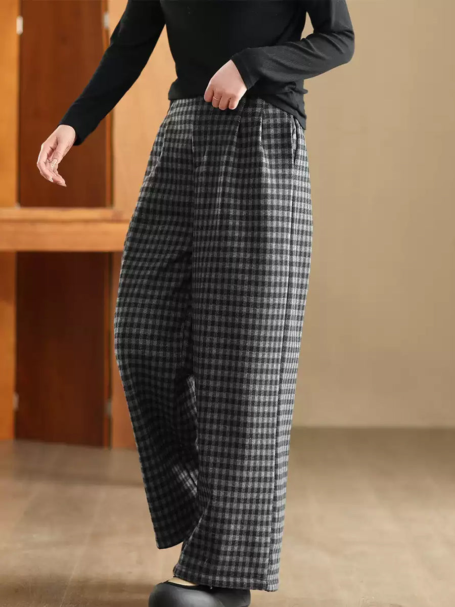 Women Winter Plaid Wide-leg Fleece Pants