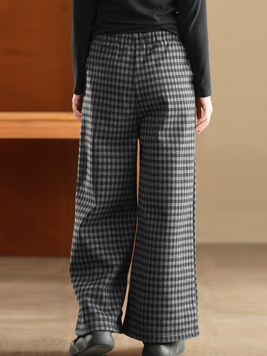 Women Winter Plaid Wide-leg Fleece Pants