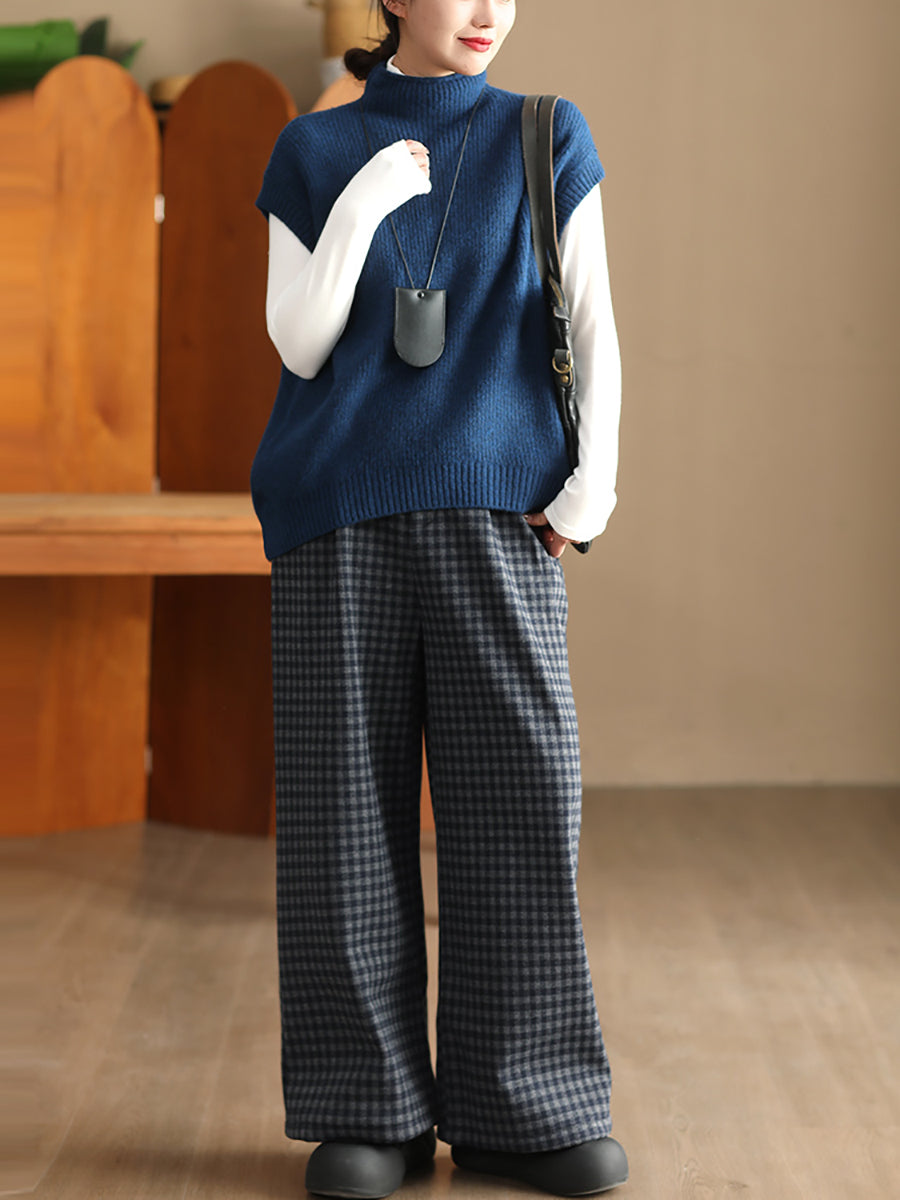 Women Winter Plaid Wide-leg Fleece Pants