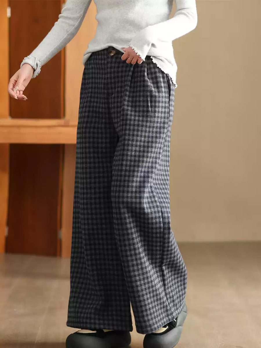 Women Winter Plaid Wide-leg Fleece Pants