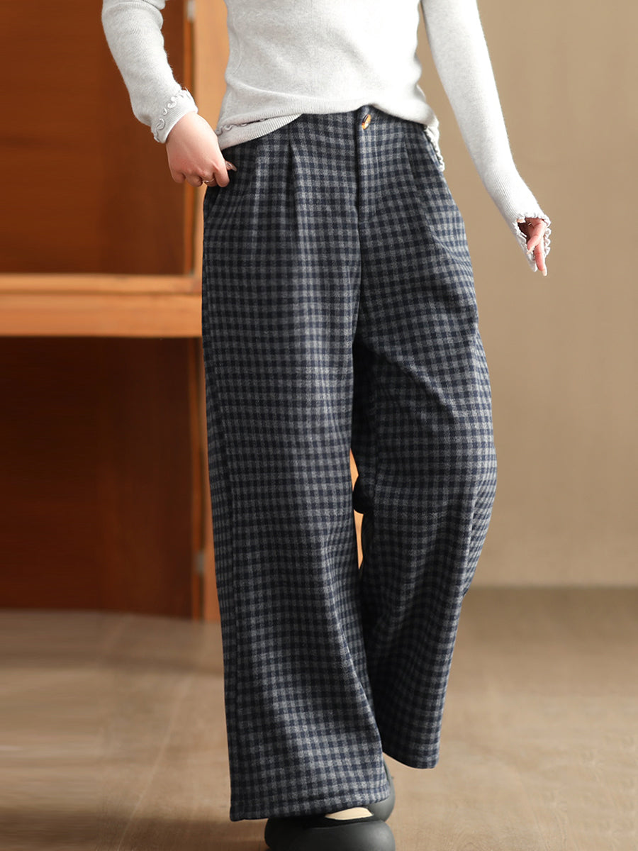 Women Winter Plaid Wide-leg Fleece Pants