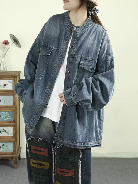 Women Vintage Denim Stand Collar Denim Coat