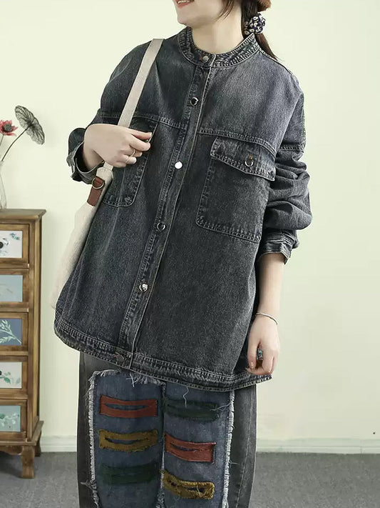 Women Vintage Denim Stand Collar Denim Coat