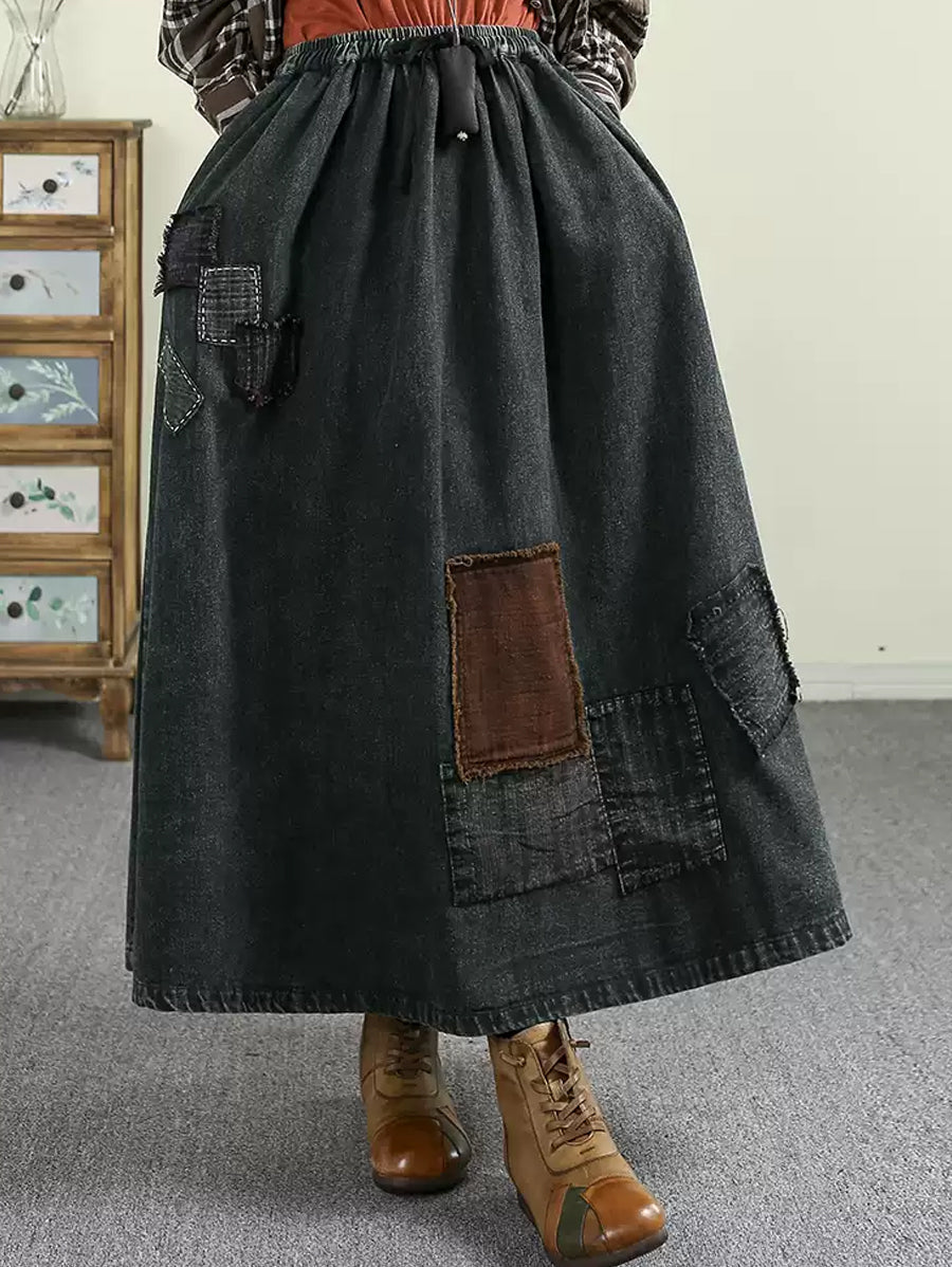 Women Autumn Casual Patch A-Shape Denim Skirt