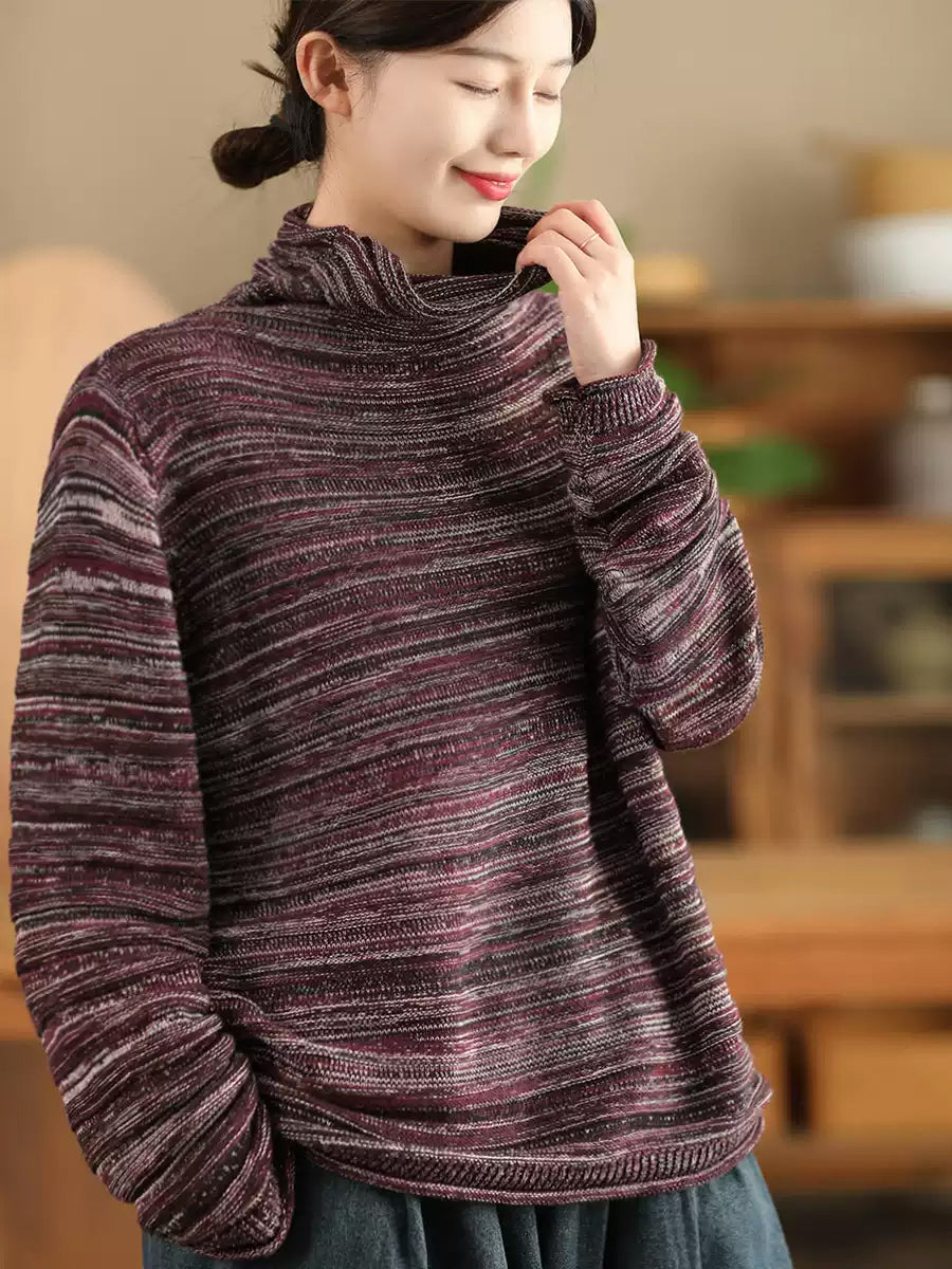 Women Autumn Casual Stripe Knit Turtleneck Sweater