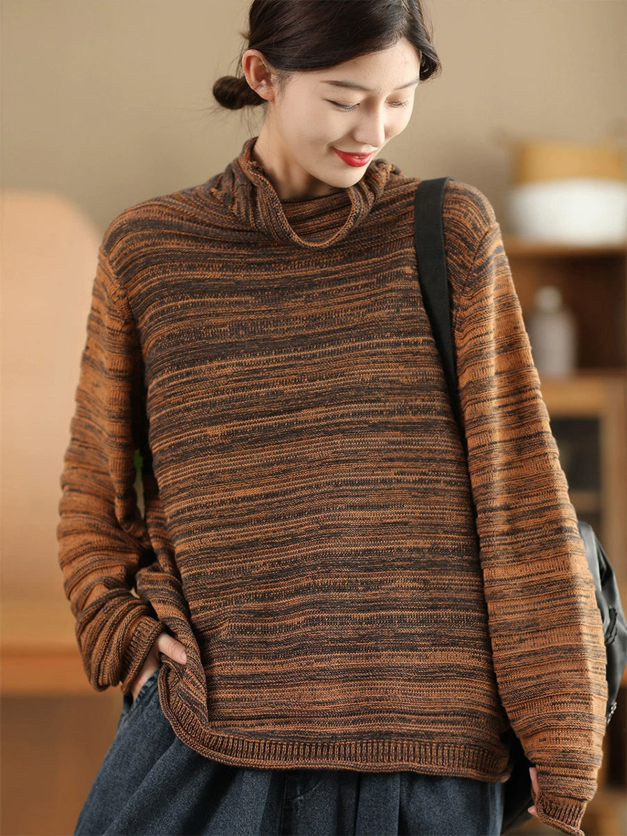 Women Autumn Casual Stripe Knit Turtleneck Sweater