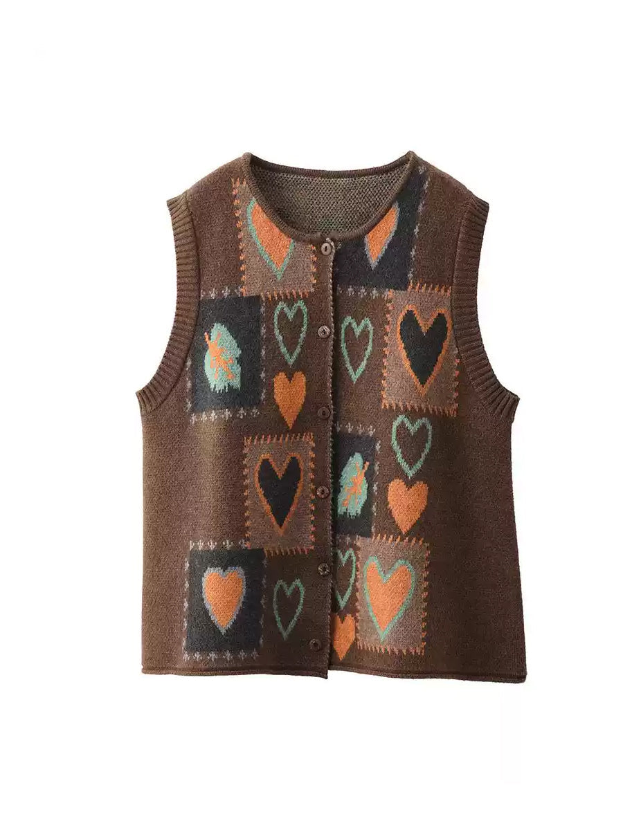 Women Vintage Winter Heart Knit Cardigan Vest