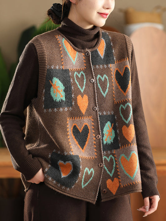 Women Vintage Winter Heart Knit Cardigan Vest