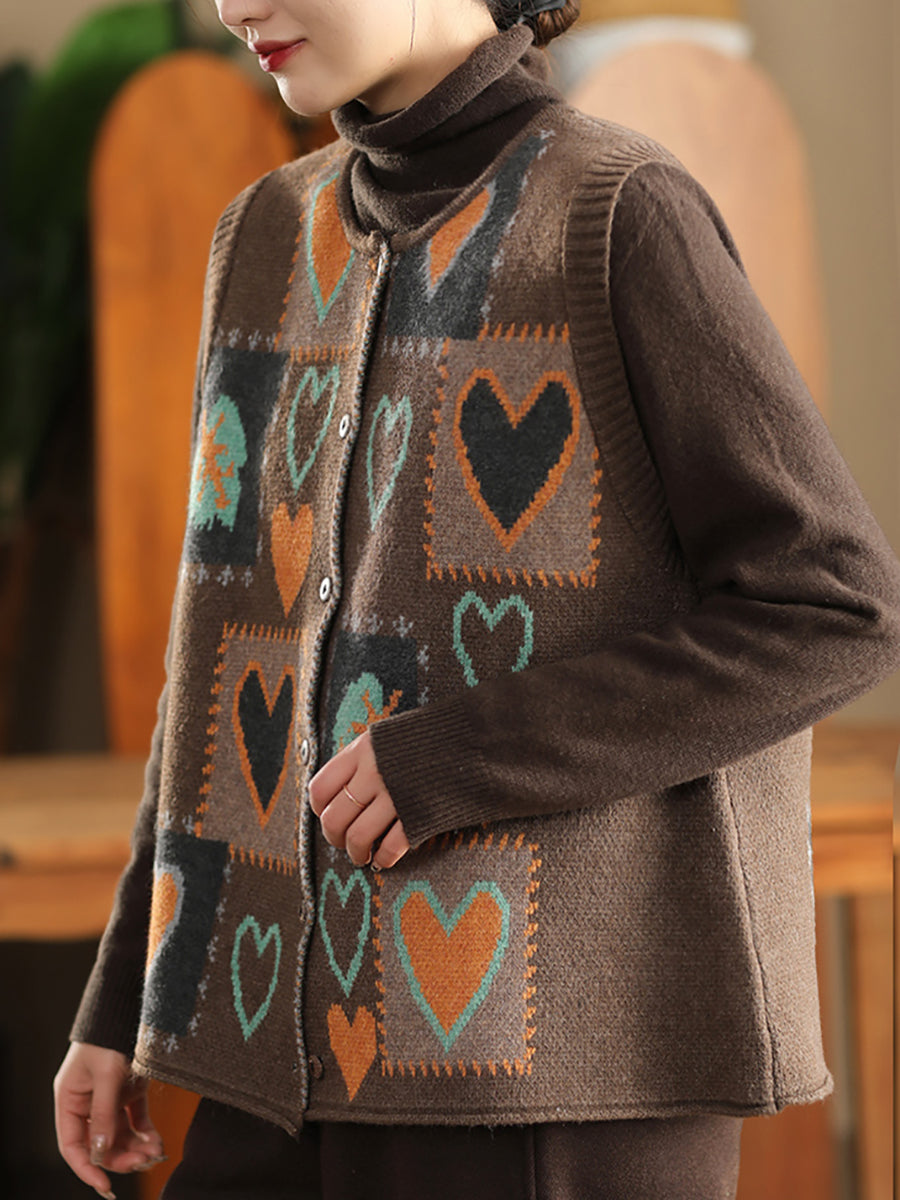 Women Vintage Winter Heart Knit Cardigan Vest