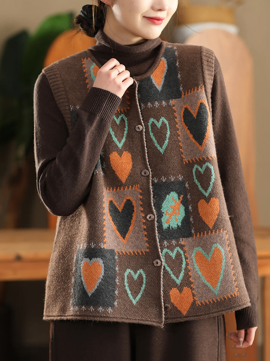 Women Vintage Winter Heart Knit Cardigan Vest