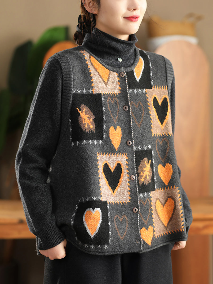 Women Vintage Winter Heart Knit Cardigan Vest