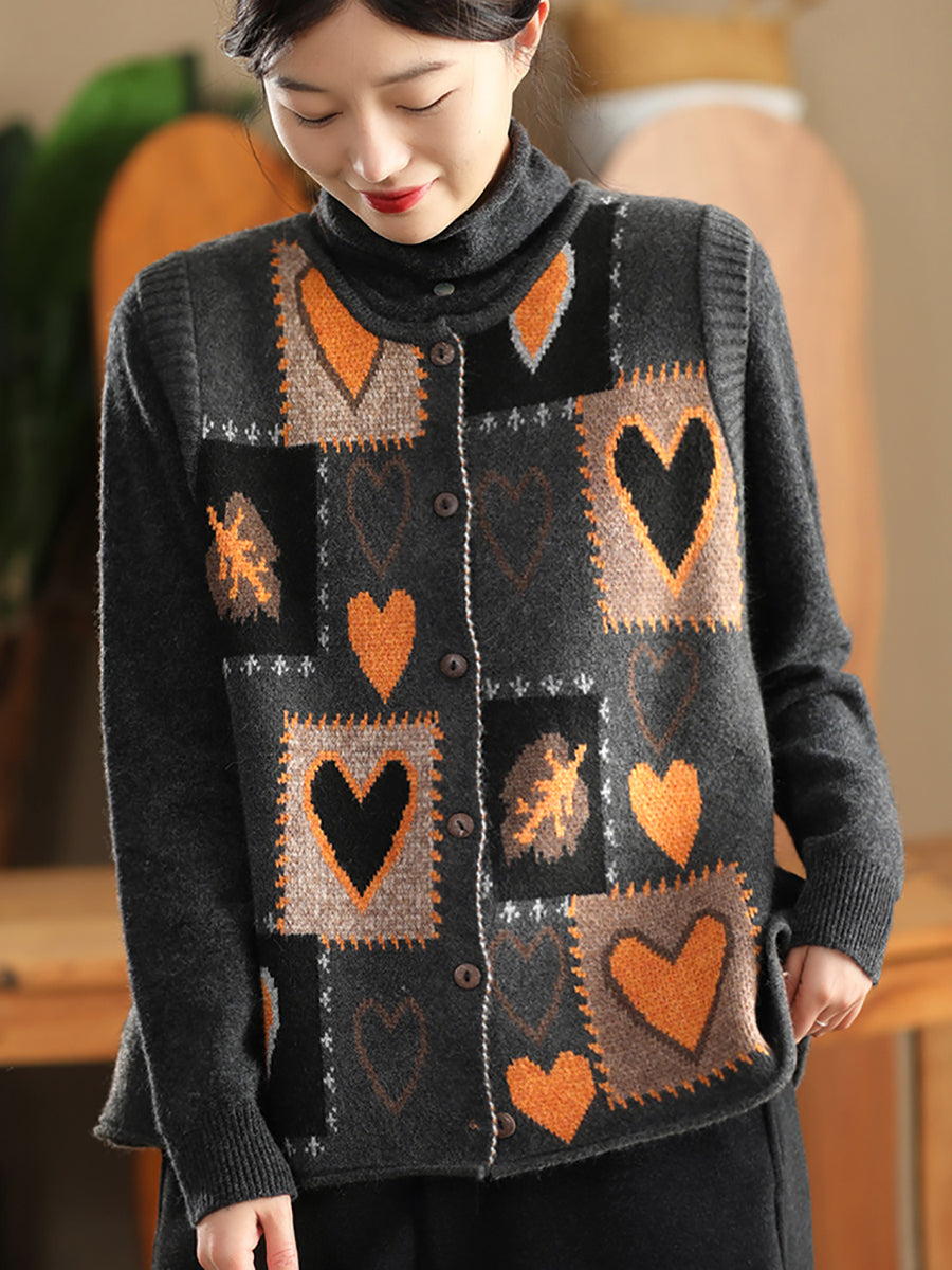 Women Vintage Winter Heart Knit Cardigan Vest