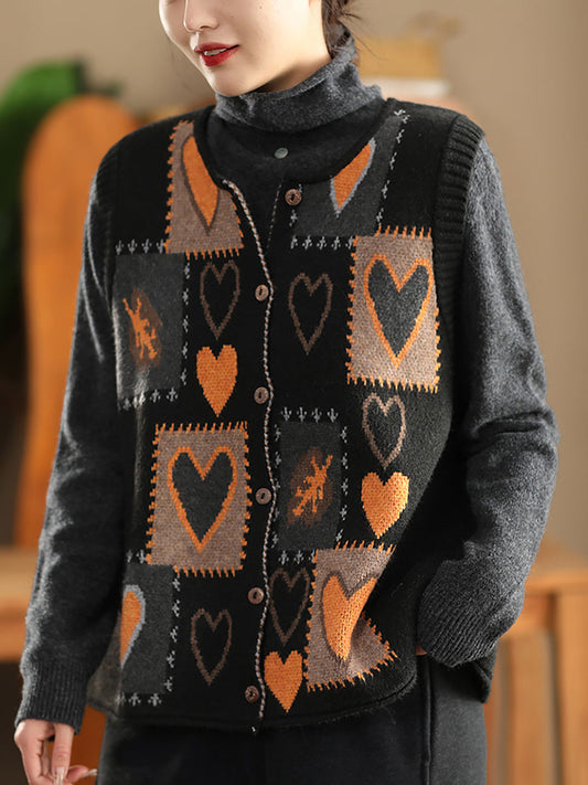 Women Vintage Winter Heart Knit Cardigan Vest