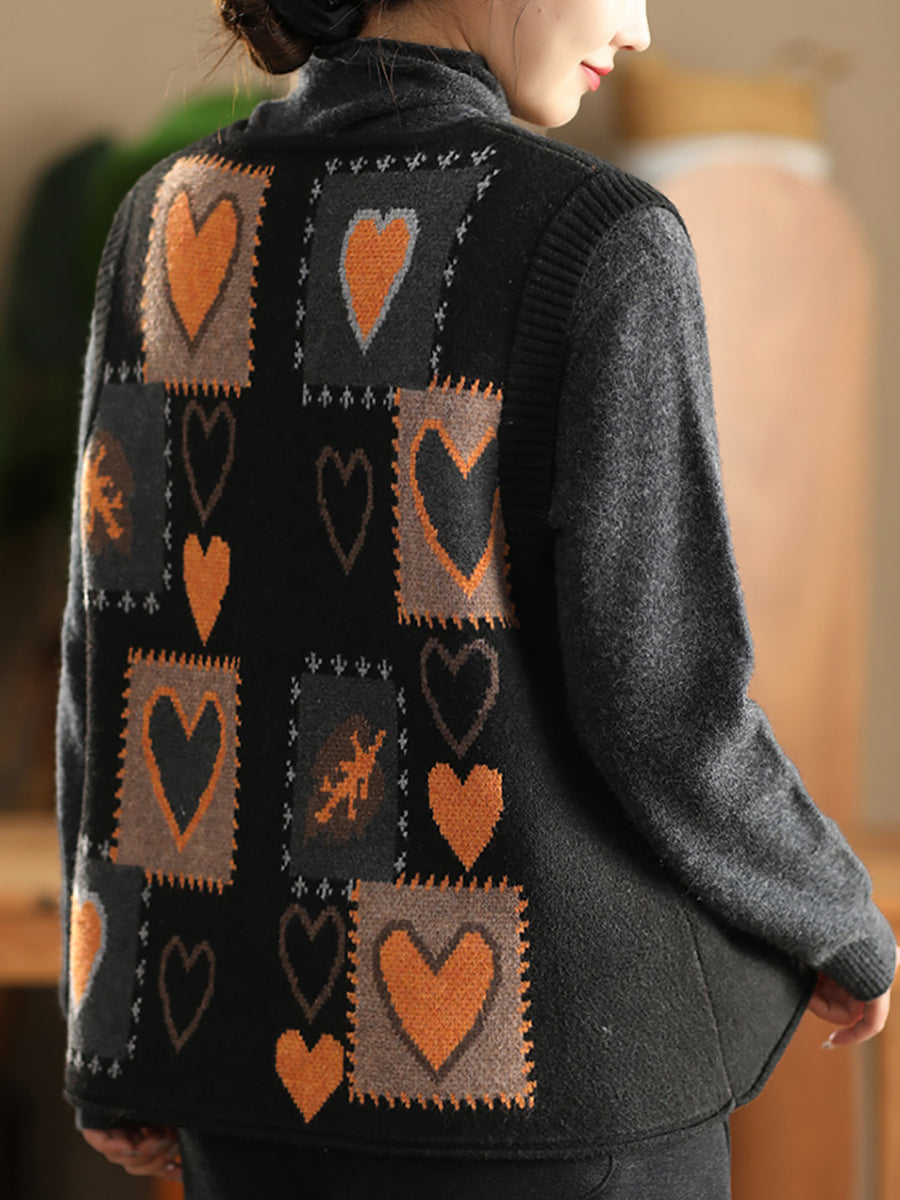 Women Vintage Winter Heart Knit Cardigan Vest